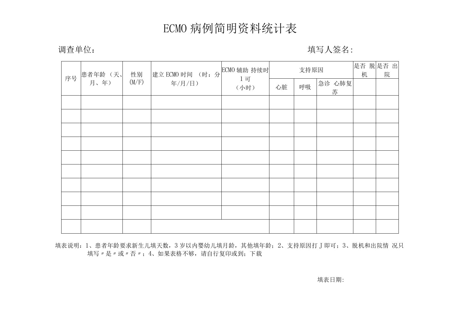 ECMO病例简明资料统计表