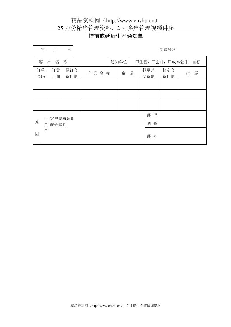 提前或延后生产通知单