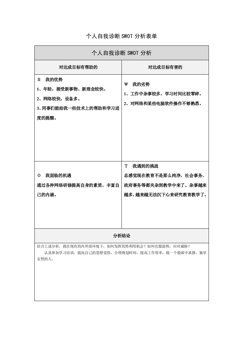 李广粮第一步骤所需文档：个人自我诊断SWOT分析表