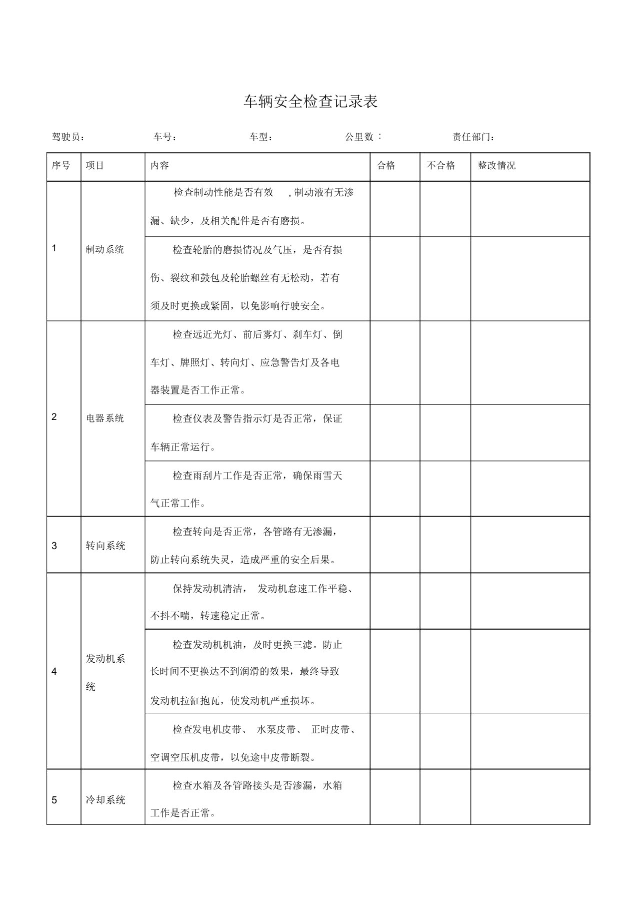 车辆安全检查记录表