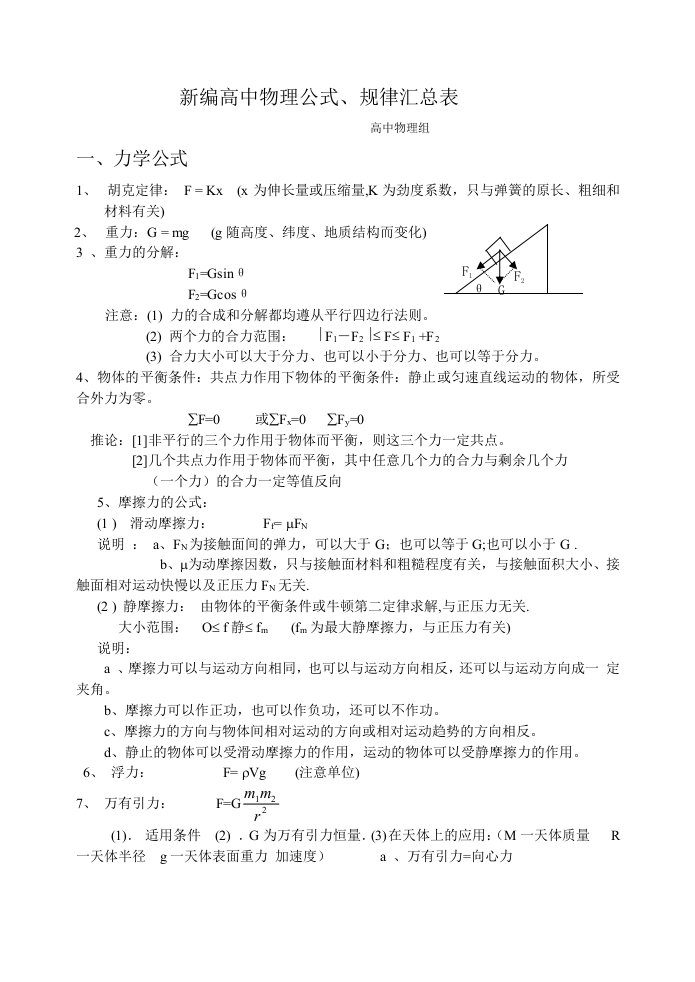 新编高中物理公式、规律汇总表