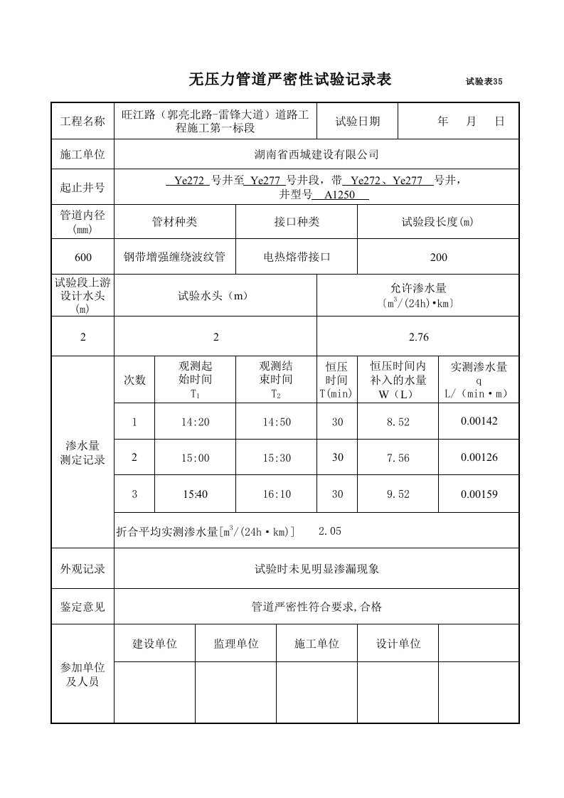 自动计算管道闭水试验记录表