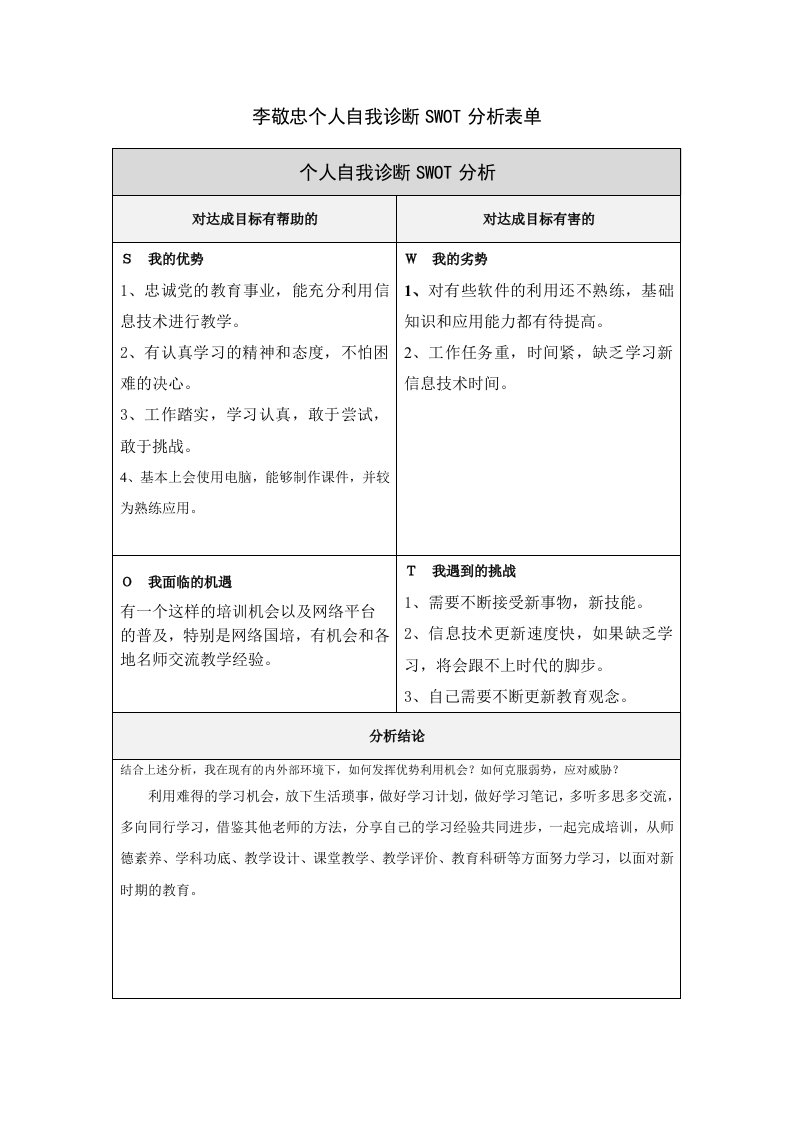 个人自我诊断SWOT分析表