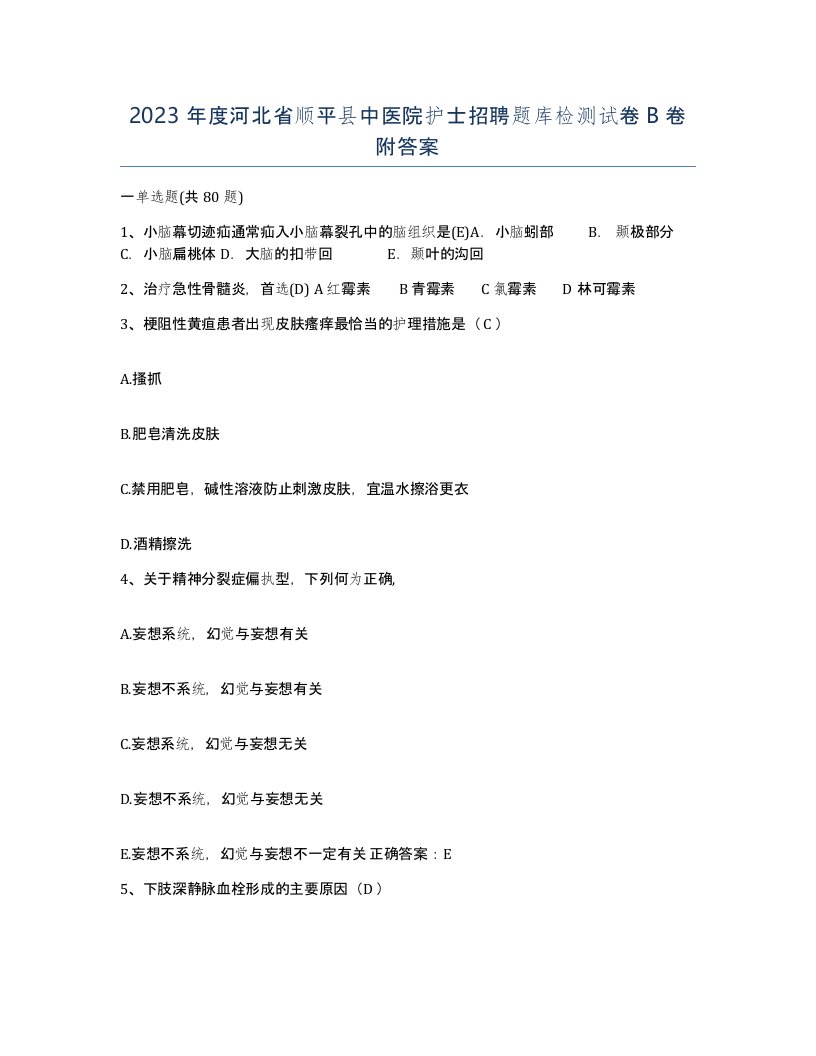 2023年度河北省顺平县中医院护士招聘题库检测试卷B卷附答案