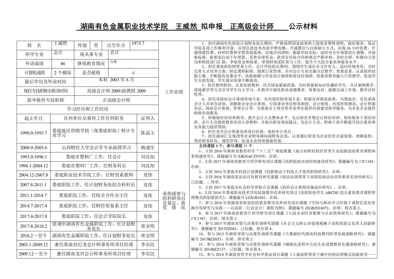 湖南有色金属职业技术学院王威然拟申报正高级会计师公示