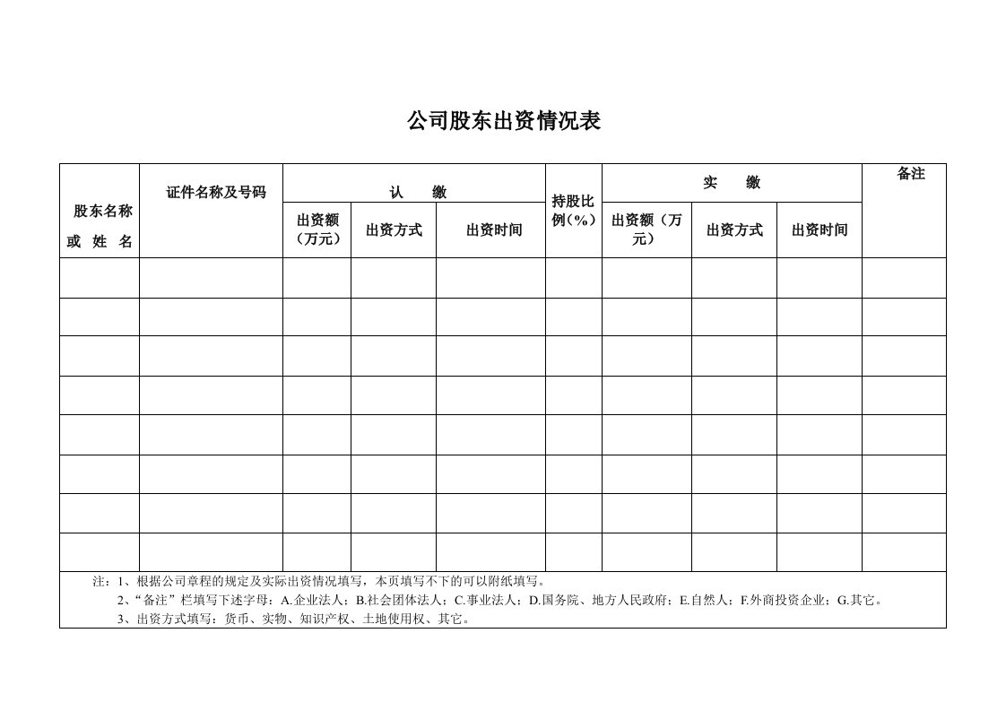 公司股东出资情况表