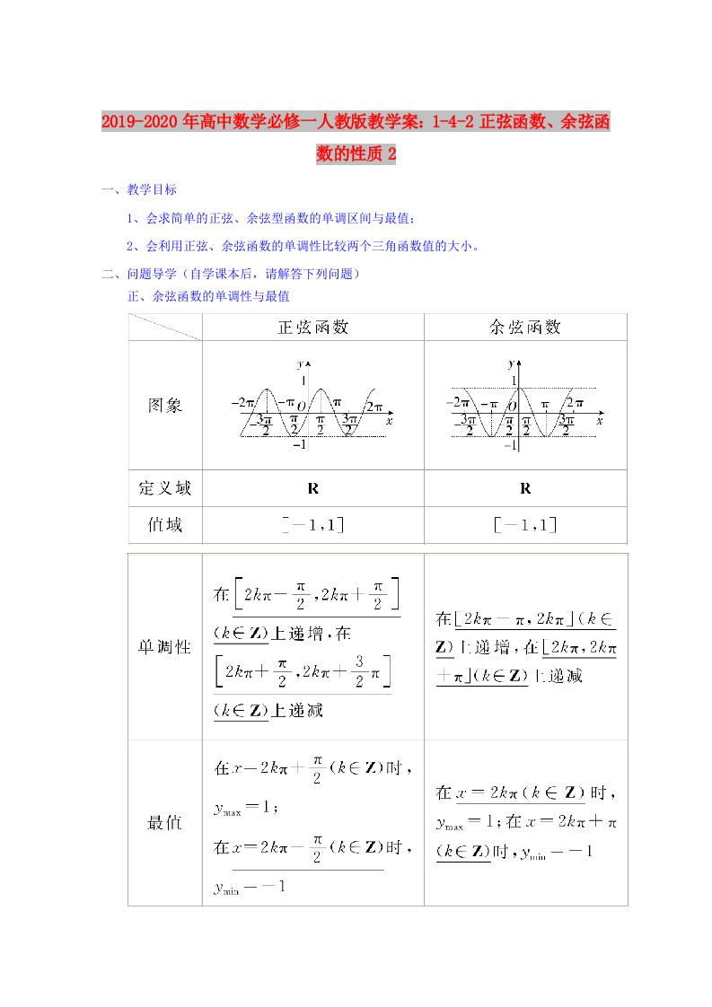 2019-2020年高中数学必修一人教版教学案：1-4-2正弦函数、余弦函数的性质2