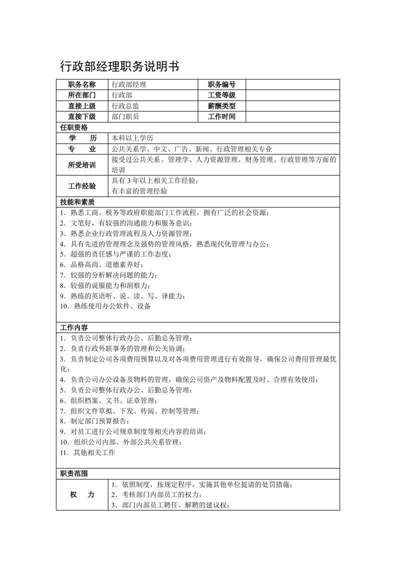 某房地产集团总部行政部经理职务说明书