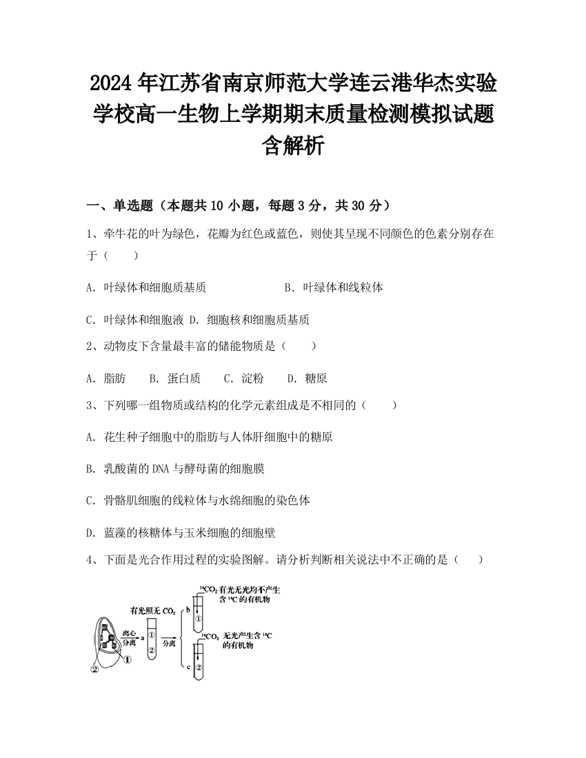 2024年江苏省南京师范大学连云港华杰实验学校高一生物上学期期末质量检测模拟试题含解析