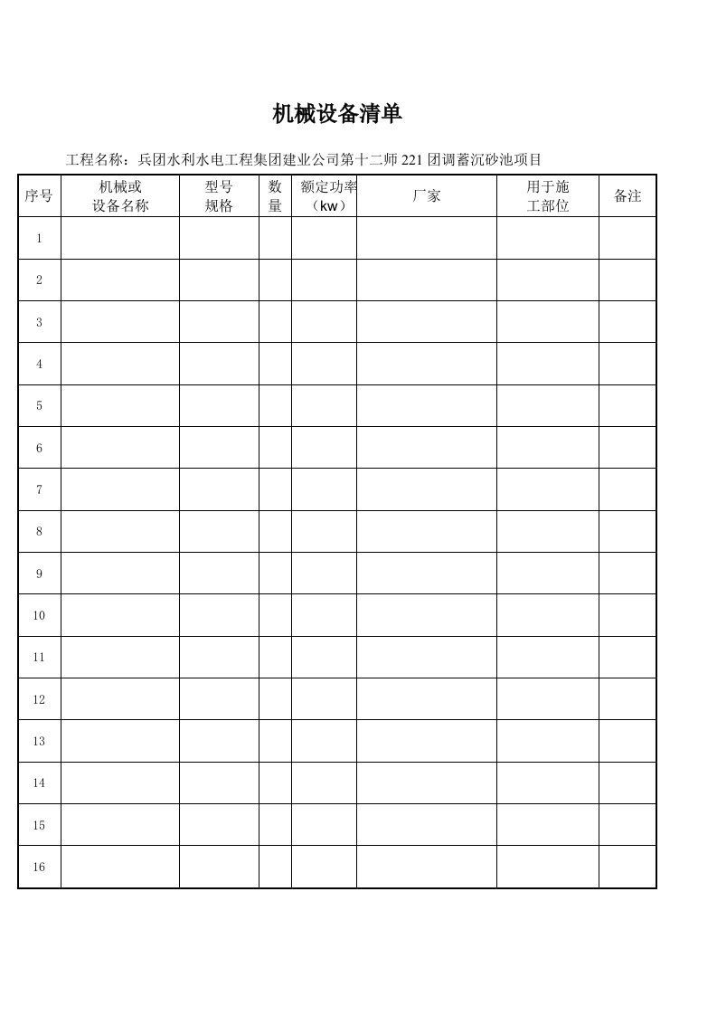 机械设备清单(完整)