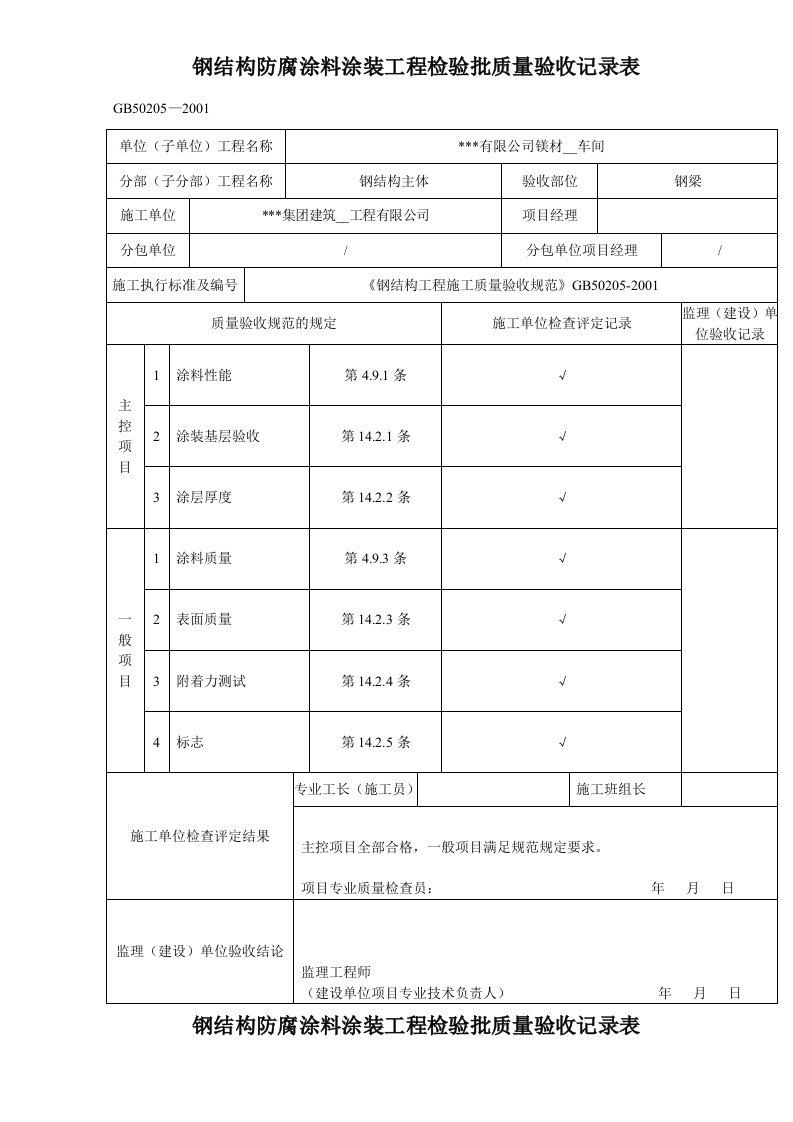 钢结构防腐涂料涂装工程检验批验收记录