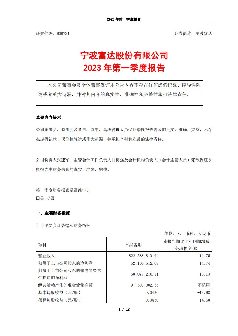 上交所-宁波富达2023年一季度报告-20230427