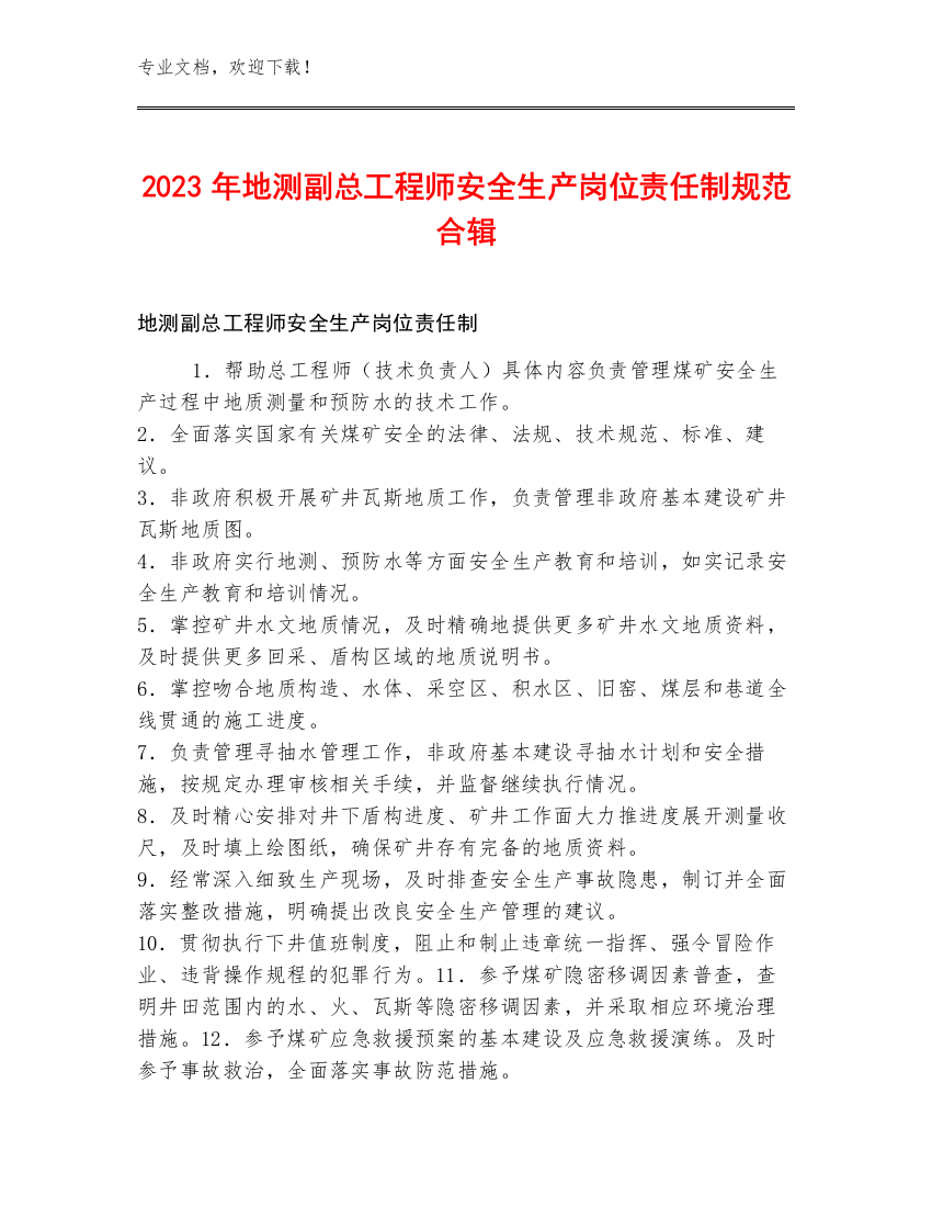 2023年地测副总工程师安全生产岗位责任制规范合辑