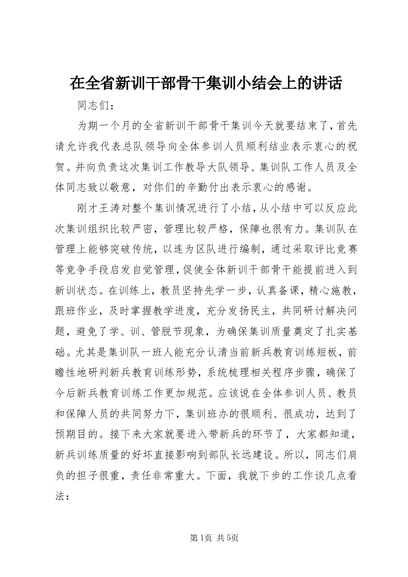 在全省新训干部骨干集训小结会上的讲话