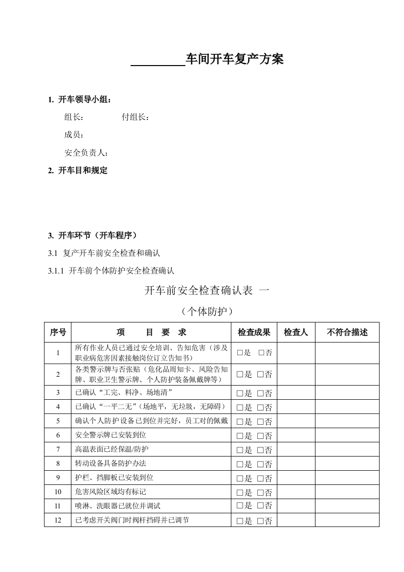 车间开车专项方案模版