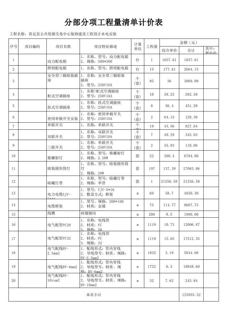 分部分项工程量清单计价表