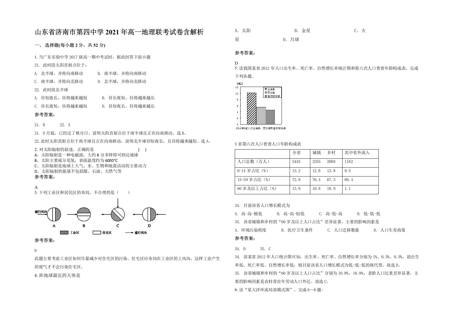 山东省济南市第四中学2021年高一地理联考试卷含解析