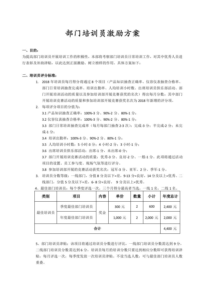 2018年部门培训员激励方案