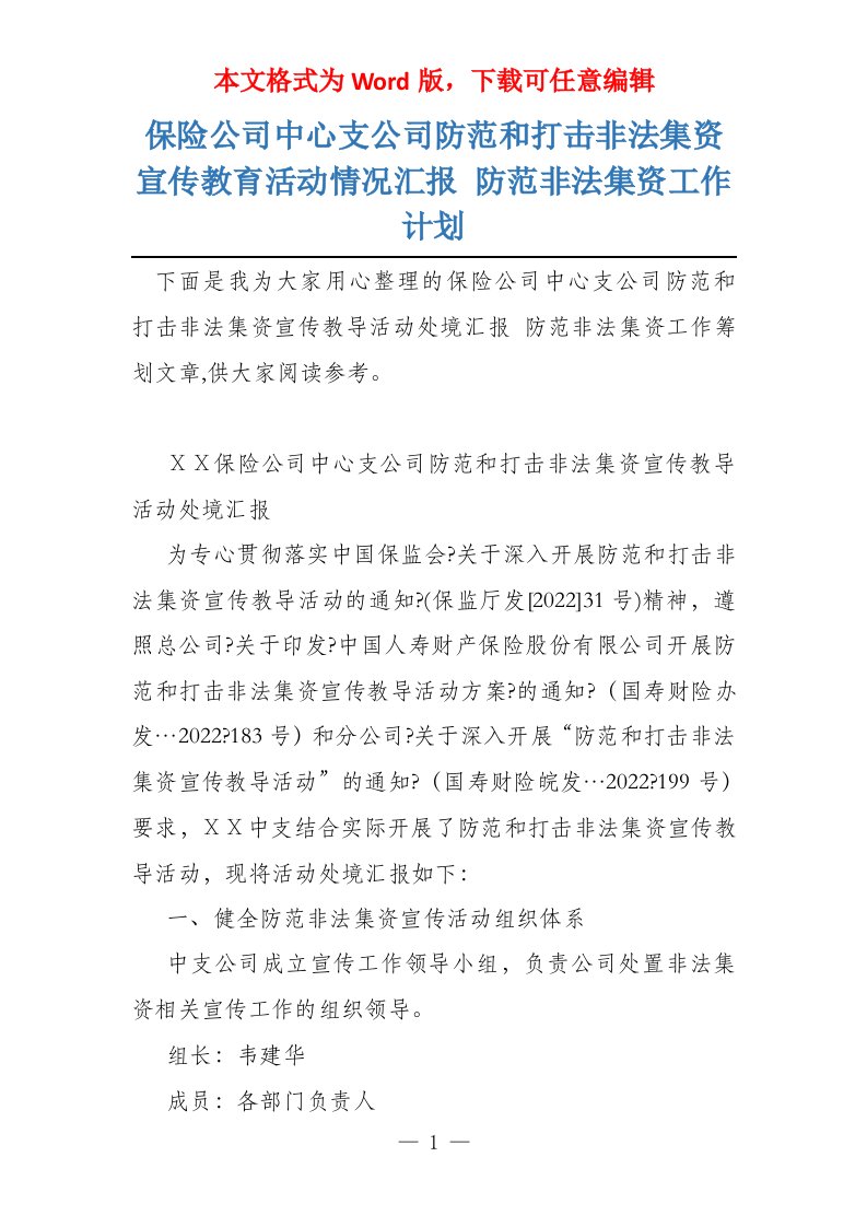 保险公司中心支公司防范和打击非法集资宣传教育活动情况汇报