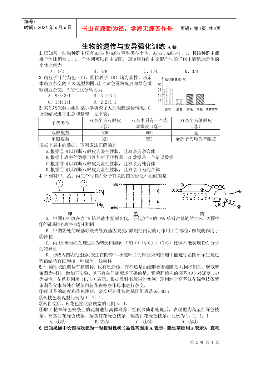 生物的遗传与变异强化训练A卷1已知某一动物种群中仅有Aab