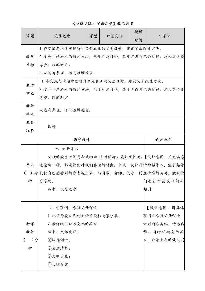 《口语交际：父母之爱》精品教案