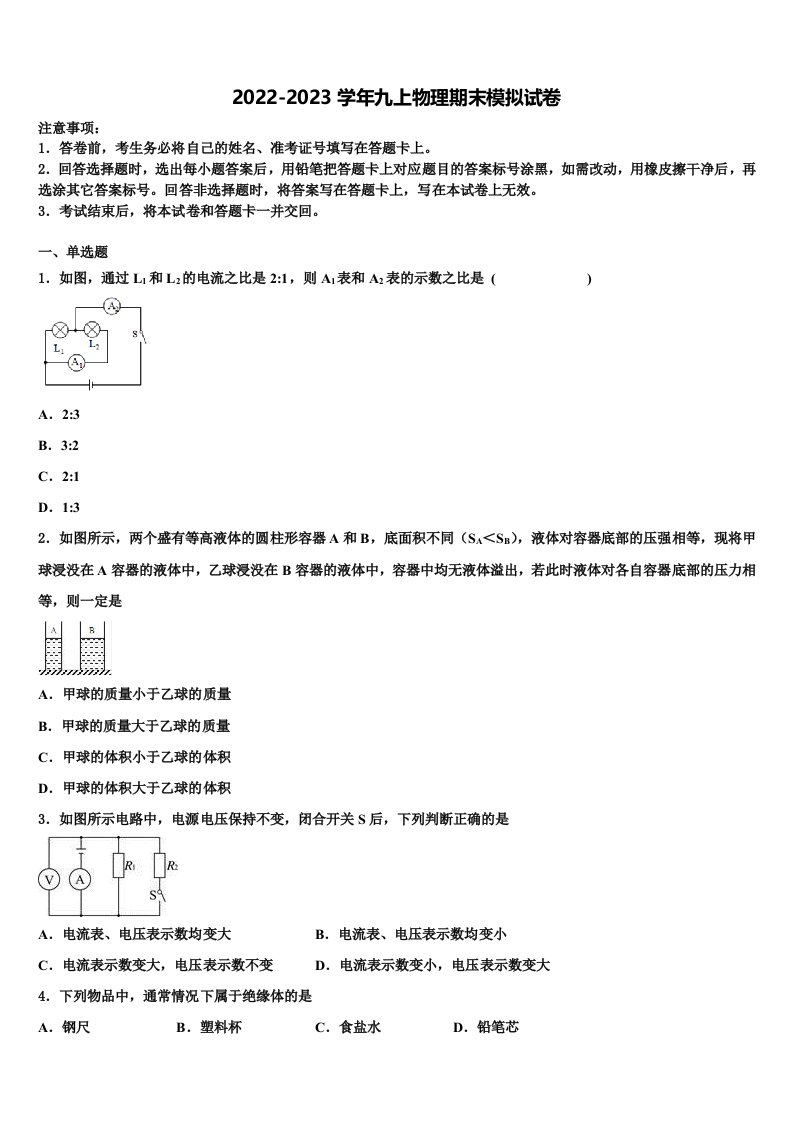 江苏省南菁高级中学2022年物理九年级第一学期期末检测试题含解析