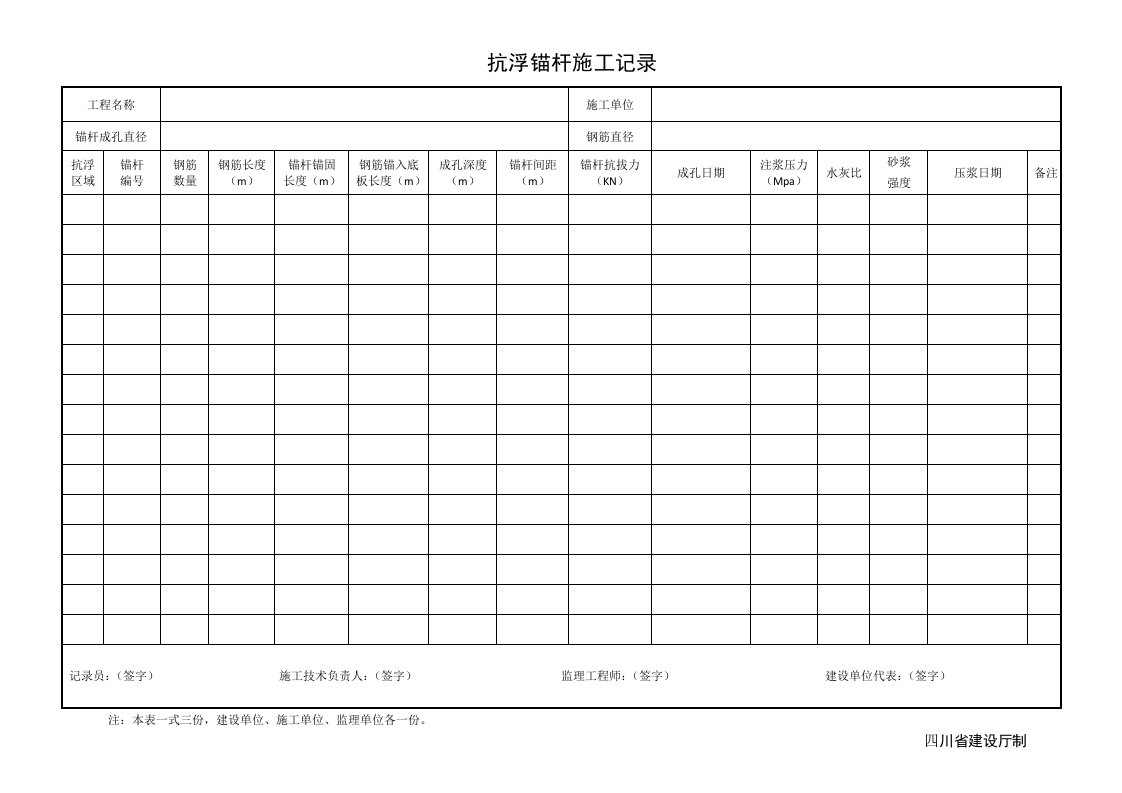 抗浮锚杆施工记录(模板)