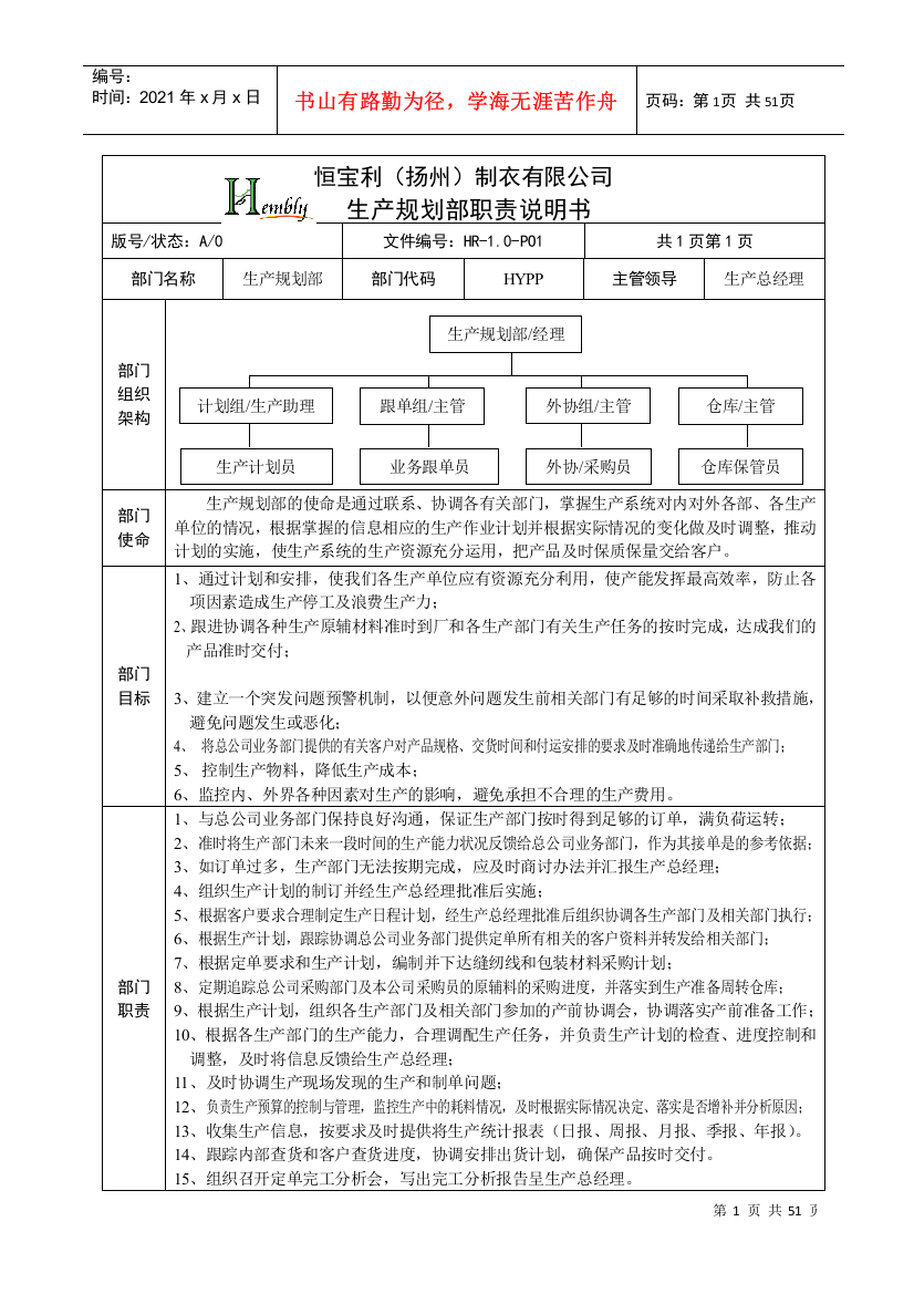 某制衣公司生产系统岗位说明书