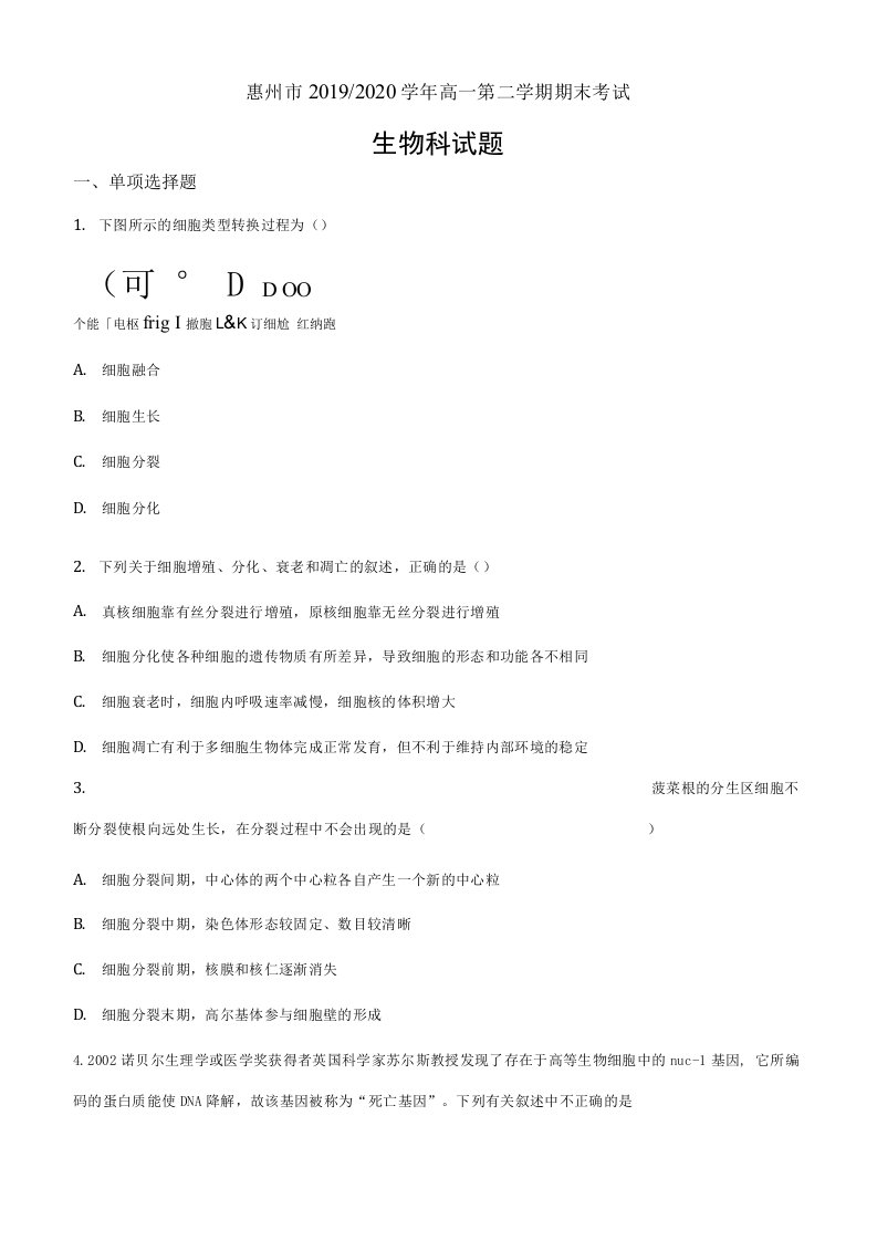 广东省惠州市2019-2020学年高一下学期期末生物题（原卷版）