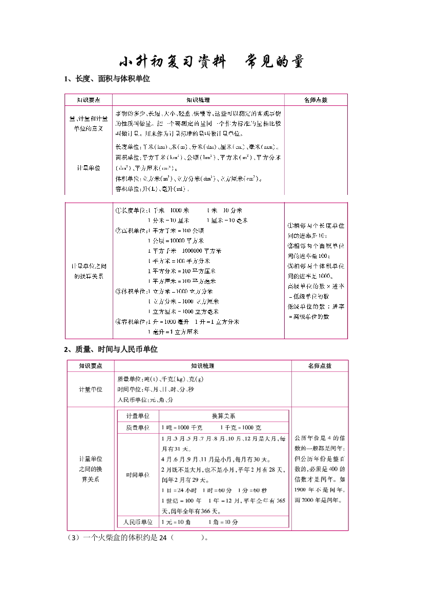 小升初复习资料常见的量