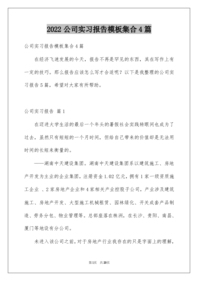 2022公司实习报告模板集合4篇