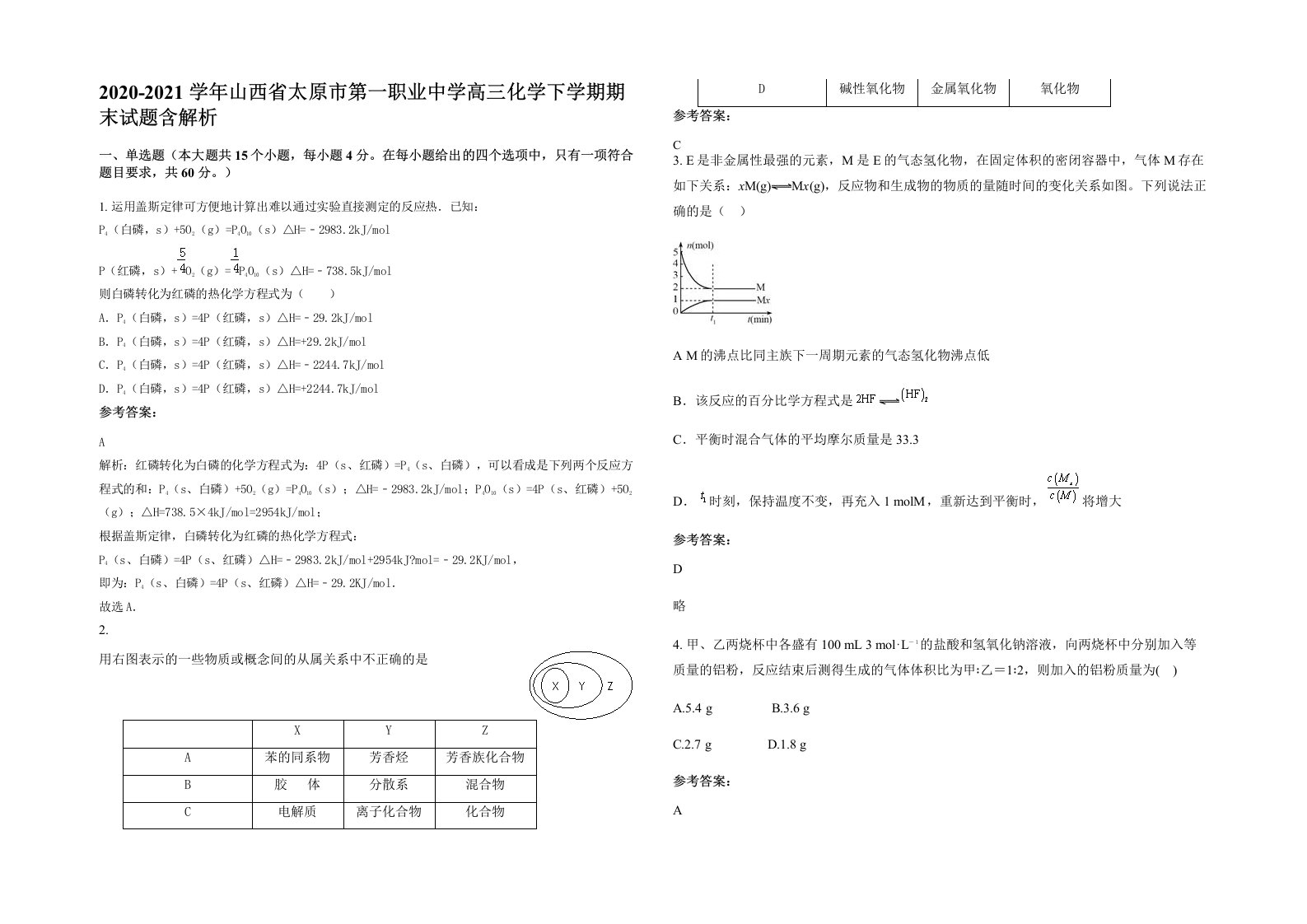 2020-2021学年山西省太原市第一职业中学高三化学下学期期末试题含解析