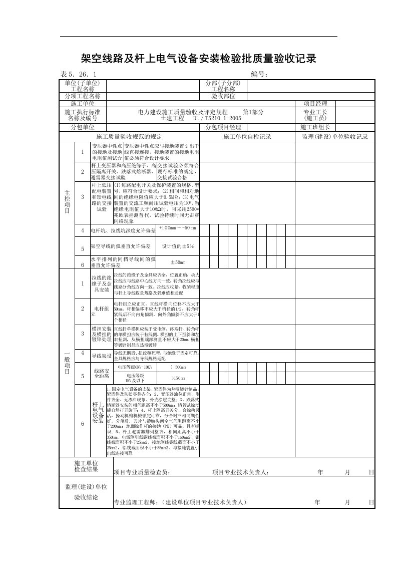 建筑资料-架空线路及杆上电气设备安装检验批质量验收记录