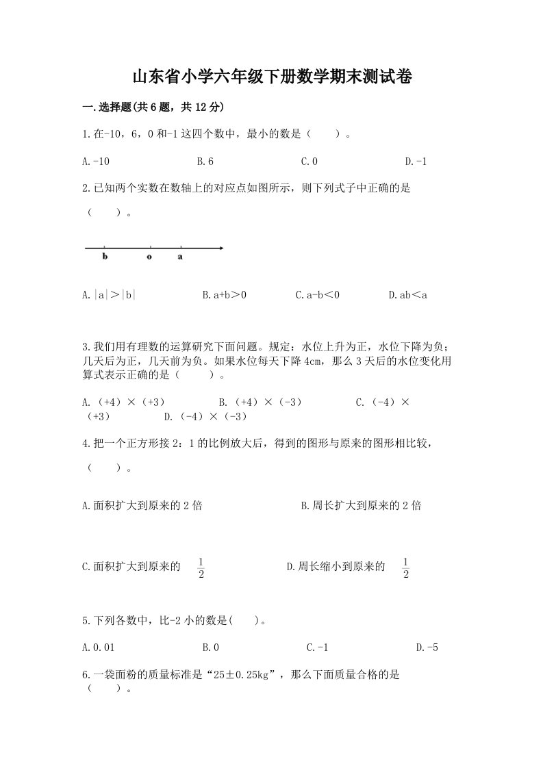 山东省小学六年级下册数学期末测试卷及参考答案（完整版）