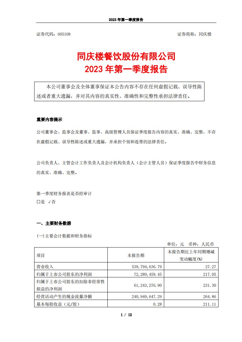 上交所-同庆楼2023年一季度报告-20230425