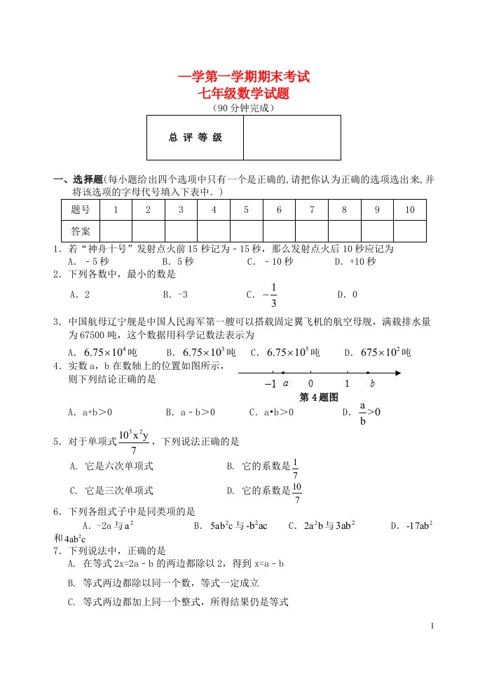 山东省邹平县实验中学—七级数学上学期期末试题