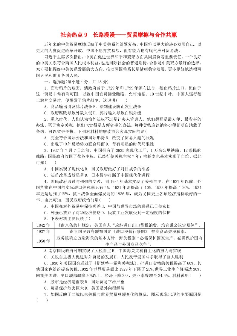 统考版2024届高考历史二轮专项分层特训卷第三部分社会热点特色练9长路漫漫__贸易摩擦与合作共赢