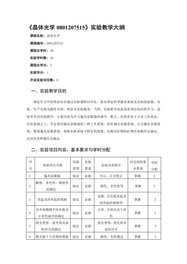 晶体光学实验教学大纲