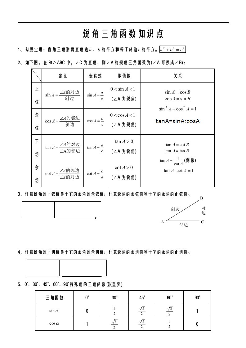 初中三角函数知识点+题型总结+课后练习