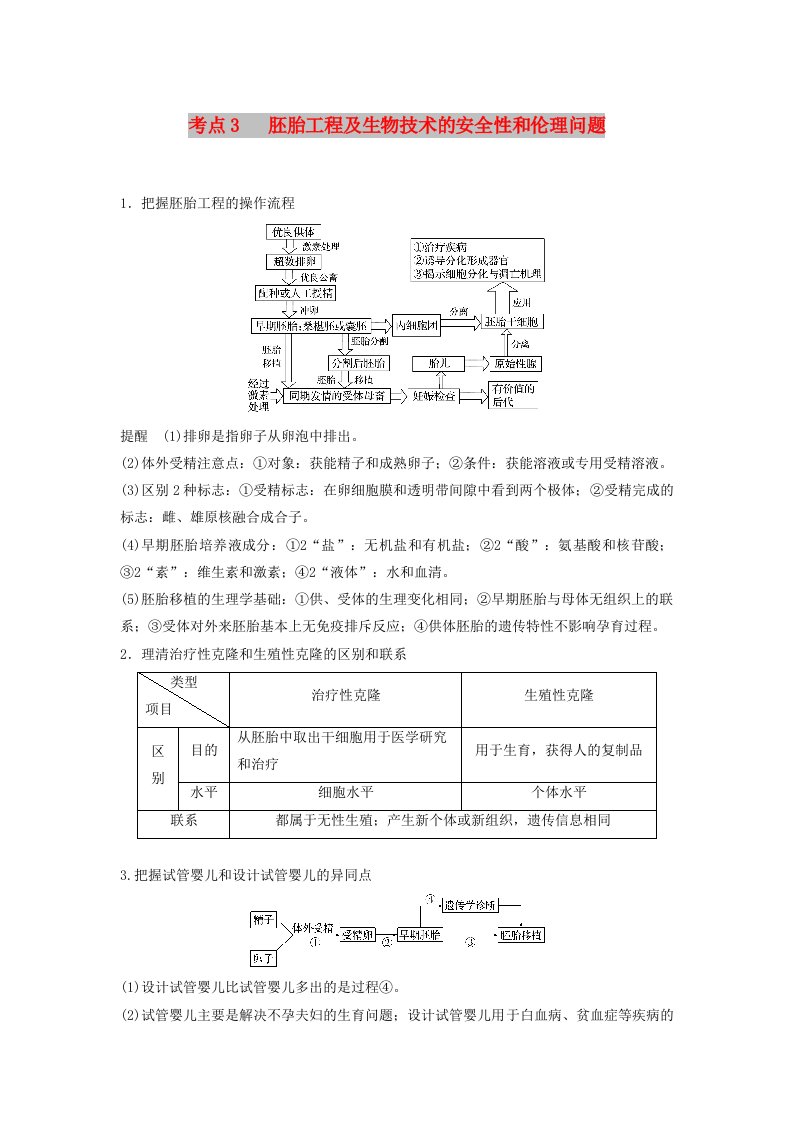 全国通用版2019高考生物二轮复习专题九现代生物科技专题考点3胚胎工程及生物技术的安全性和伦理问题学案