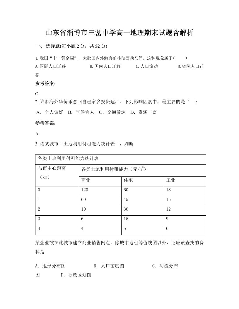 山东省淄博市三岔中学高一地理期末试题含解析