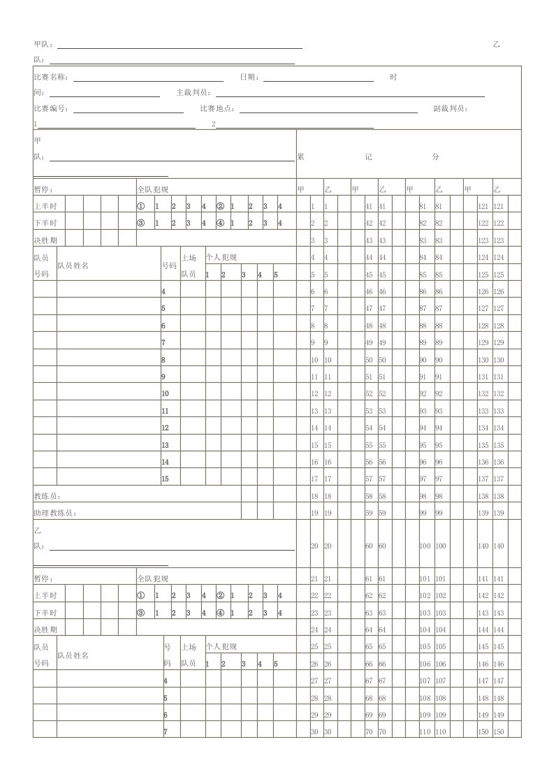 篮球比赛评分表