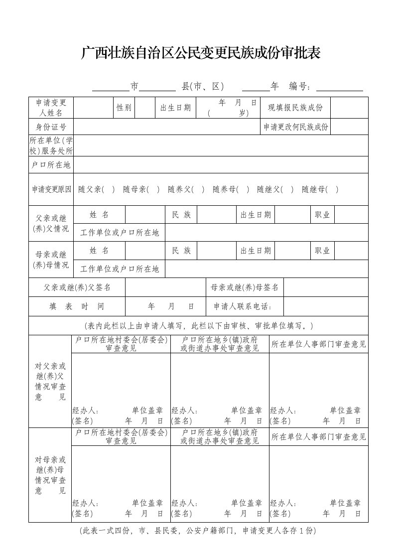 广西壮族自治区公民变更民族成份审批表