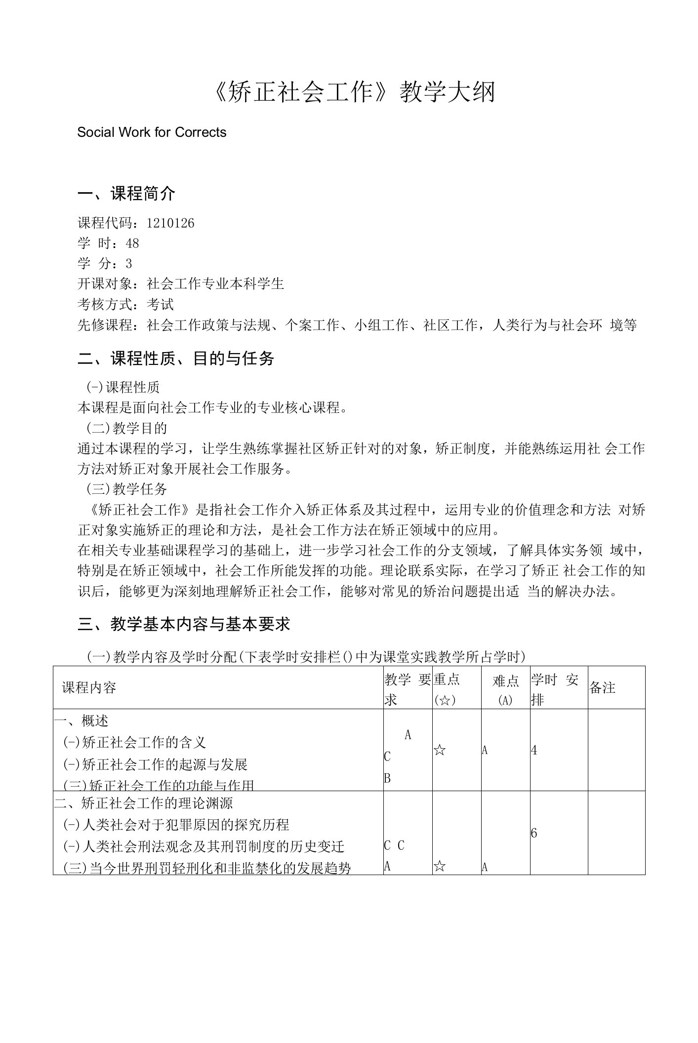 《矫正社会工作》课程教学大纲