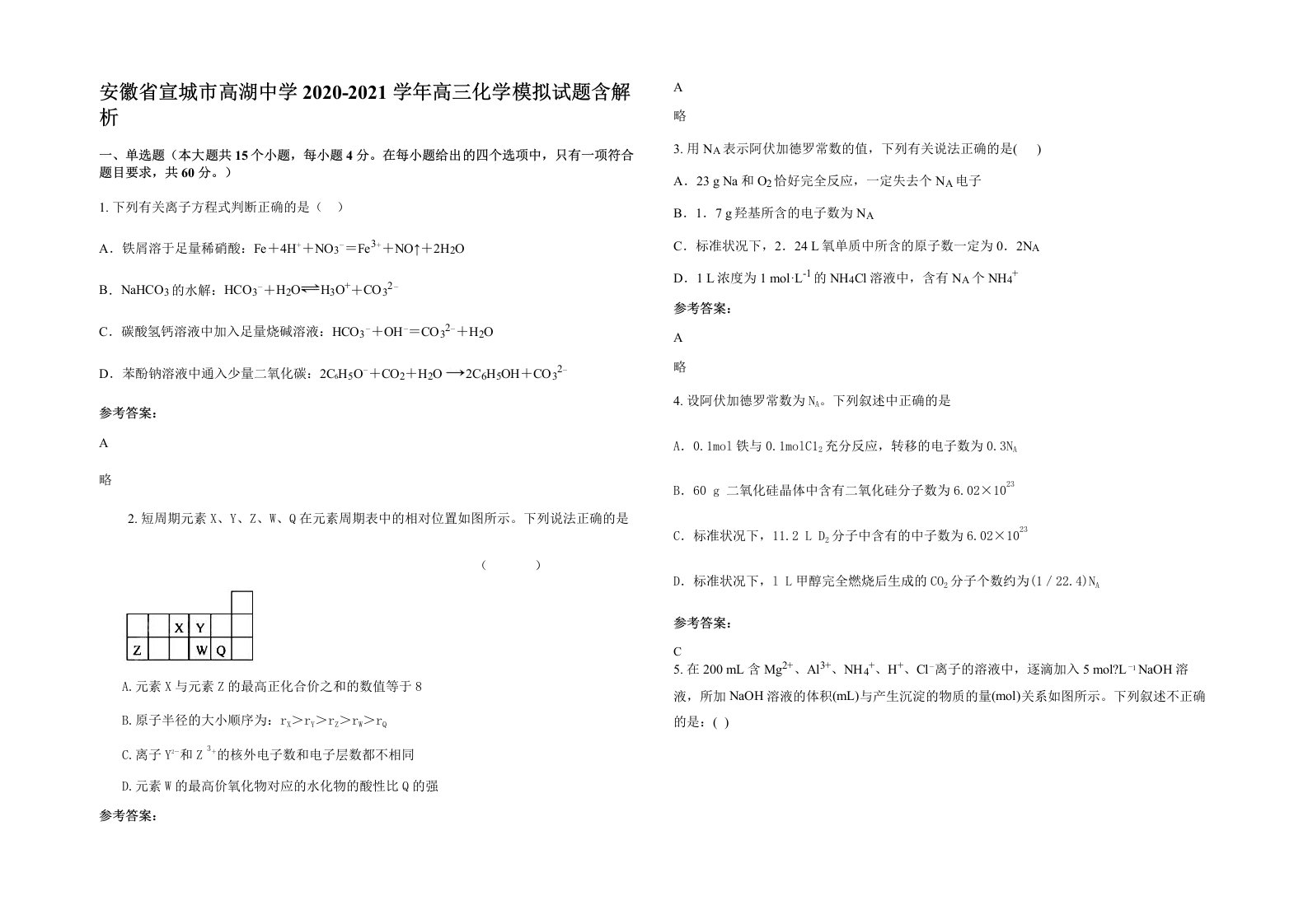 安徽省宣城市高湖中学2020-2021学年高三化学模拟试题含解析