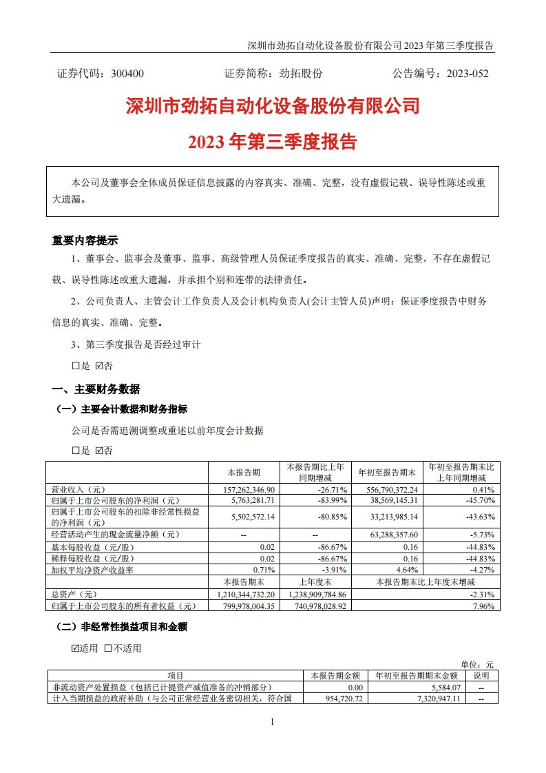 深交所-劲拓股份：2023年三季度报告-20231027