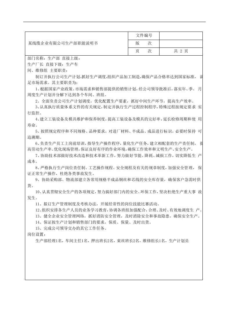 某线缆企业有限公司生产部职能说明书