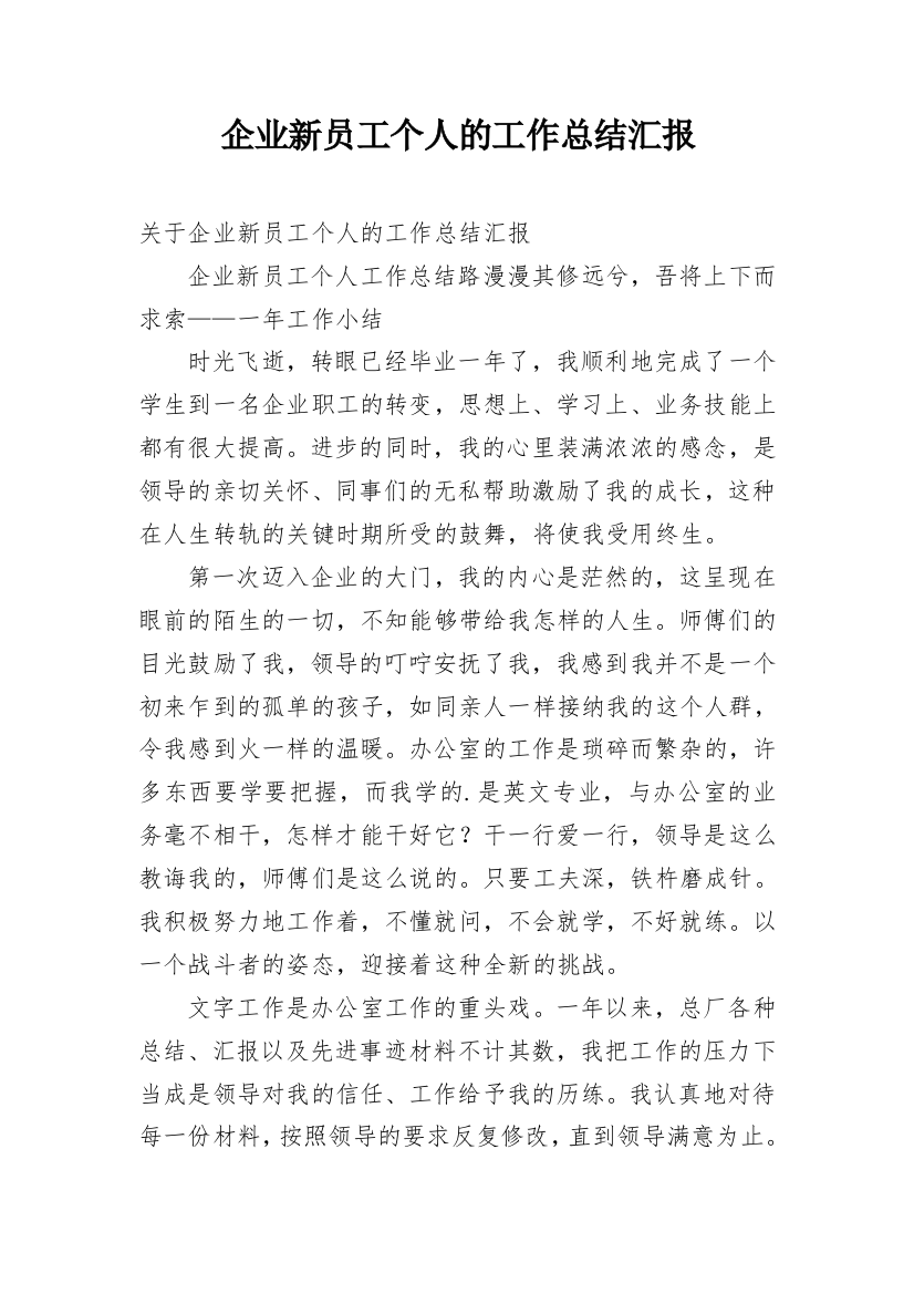 企业新员工个人的工作总结汇报