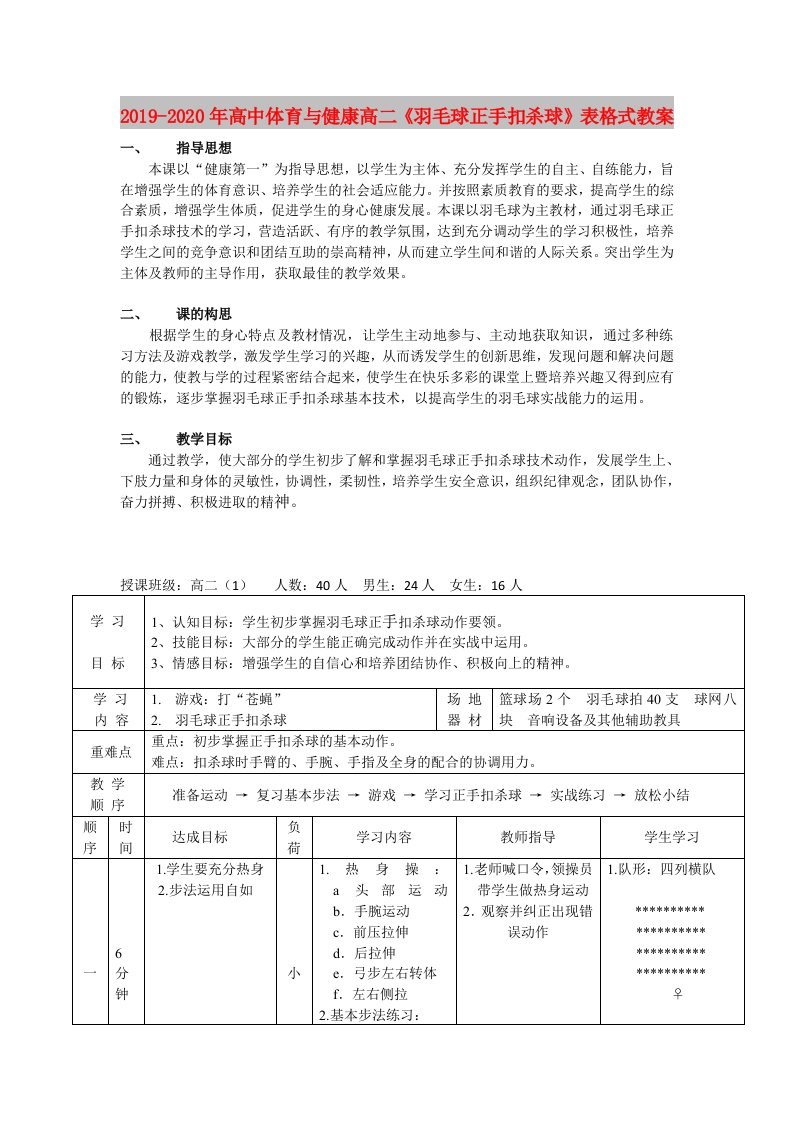 2019-2020年高中体育与健康高二《羽毛球正手扣杀球》表格式教案