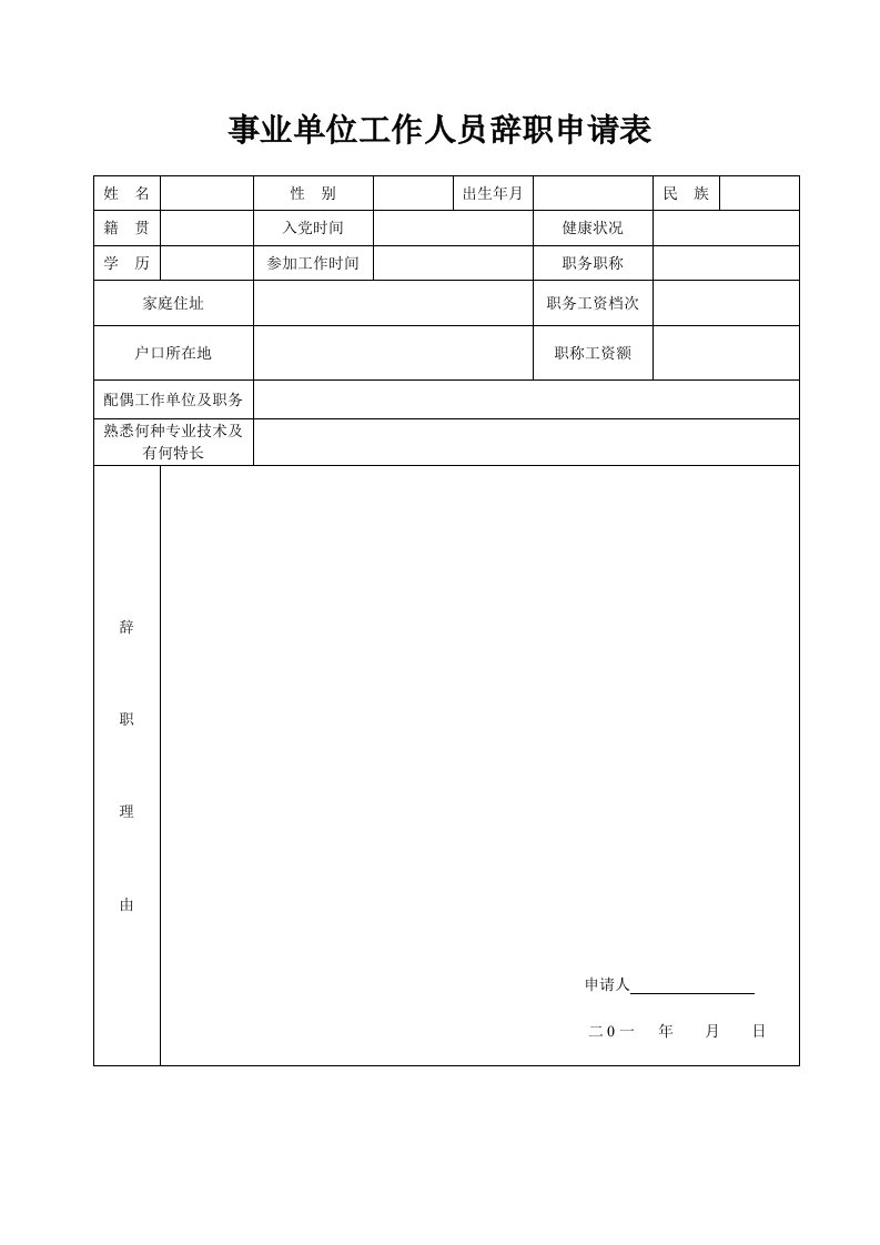 事业单位工作人员辞职申请表